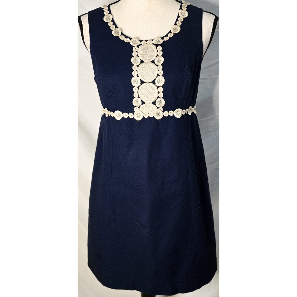 Lilly Pulitzer Navy Blue A Line Dress Sleeveless Gold Medallion Preppy Formal